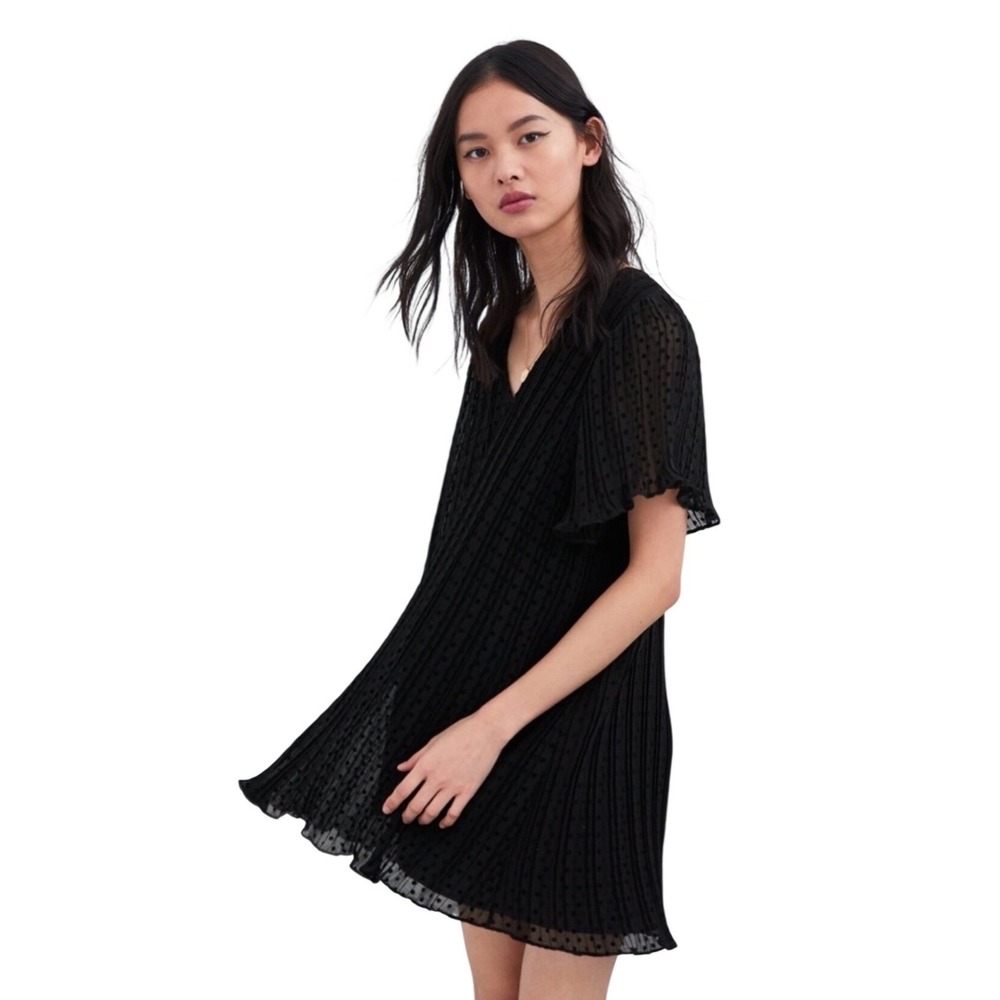 Zara Pleated Swiss Dot Mini Dress‎ Womens XS Black Flutter Sleeve Whimsigoth